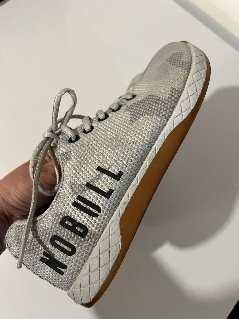 NOBULL Superfabric Trainers Gray Camo colorway with a gum sole Size 8